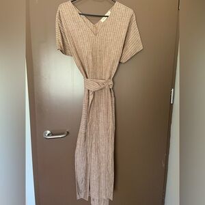 Neutral Tan Stripe Belted Women’s Dress